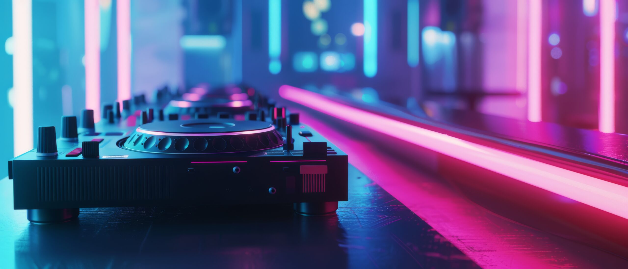 Professional DJ and sound equipment glowing under neon lights