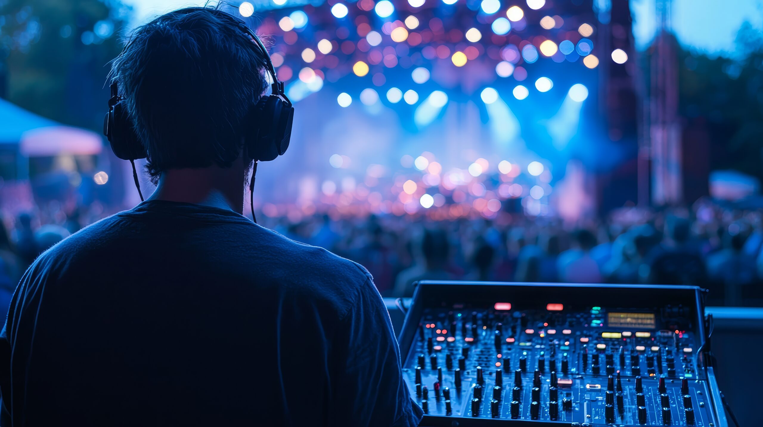 Sound engineer at an outdoor festival mixing board at sunset
