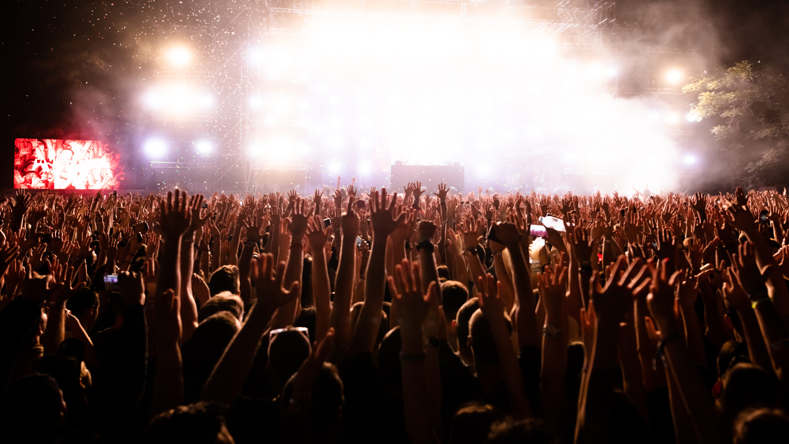 Crowd of fans with arms raised watching confetti fireworks at music concert