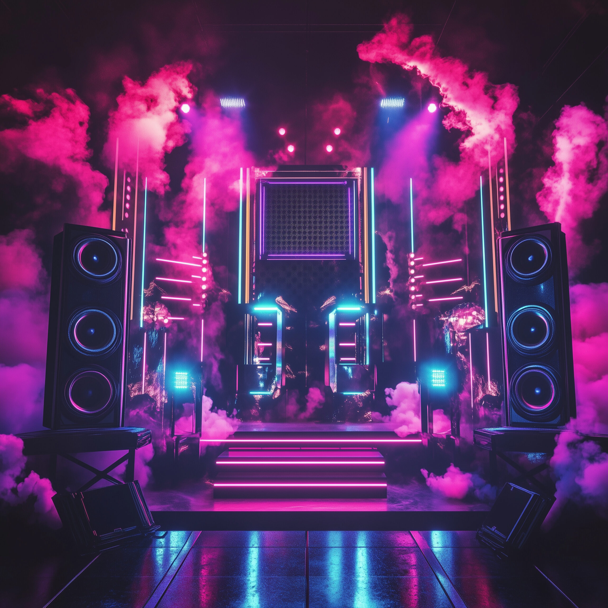 Elegant stage and speaker setup with purple lighting