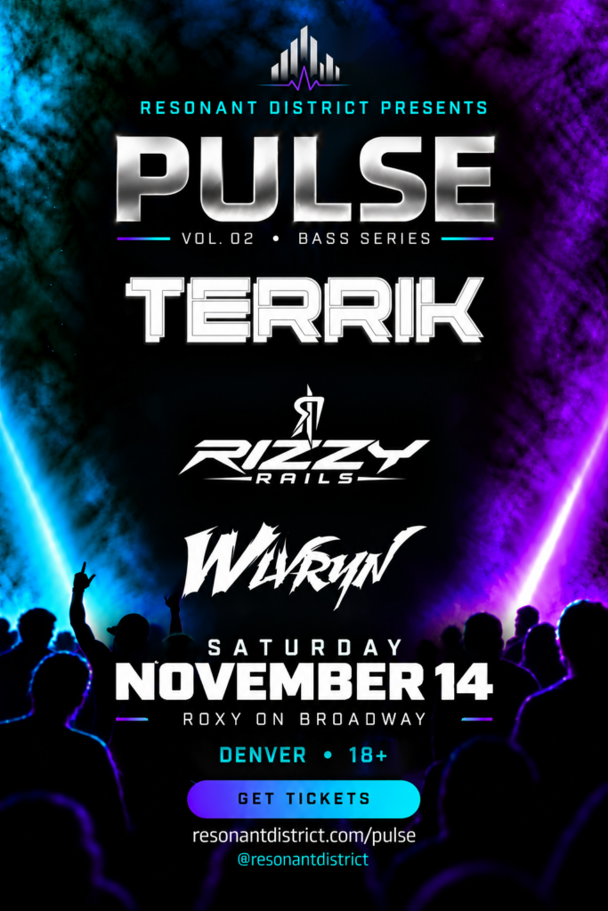 PULSE Vol. 02 flyer: Saturday, November 14, 2026 at Roxy on Broadway, Denver, 18+. Terrik, Rizzy Rails, WLVRYN.